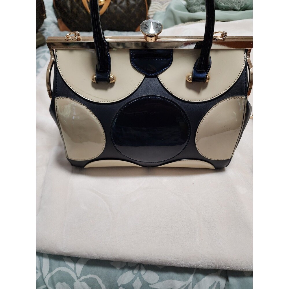 Style Strategy Patent Leather Purse Bag With Long Strap Black Cream Lady Bug